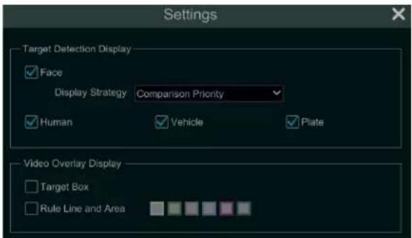 Settings Target Detection Display ✓ Face Display Strategy Comparison Priority ✓ Human ✓ Vehicle ✓ Plate Video Overlay Display ✓ Target Box ✓ Rule Line and Area