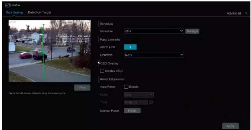 Enable Rule Setting Detection Target Advanced Schedule Schedule 24x7 Manage Pass Line Info Alarm Line 1 Direction A->B OSD Overlay Display OSD Reset Information Auto Reset Enable Media Display Time 00:00:00 Manual Reset Reset Press the left mouse button to drag the drawing line Clear Apply