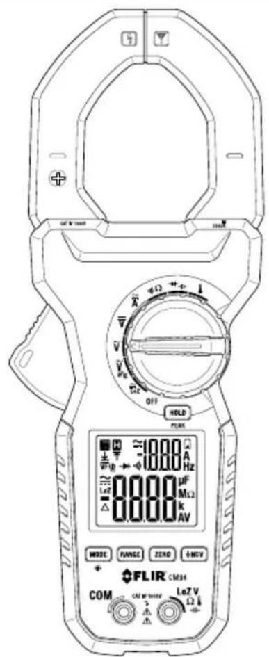 HOLD FLIR CMH COM CA W SHW LoZ V Ω ↓ OFF V Ω ↑ 1000 A Hz 1000 μF MΩ k AV MODEL FANGE ZERO HGV