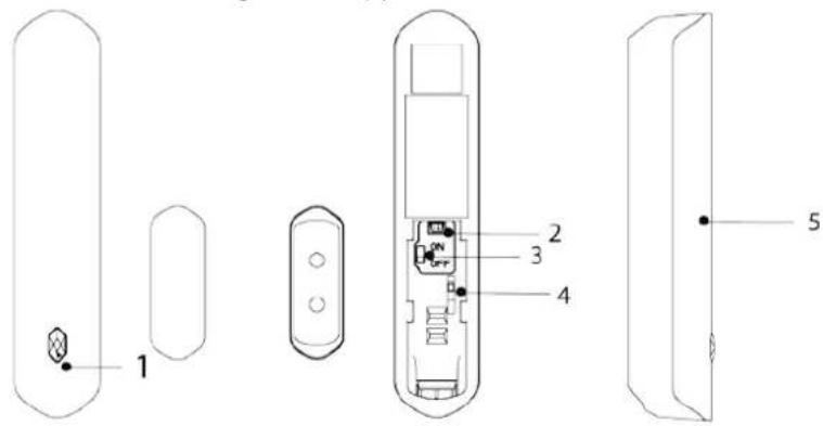 Technical diagram of a device with labeled components, showing exploded and assembled views
