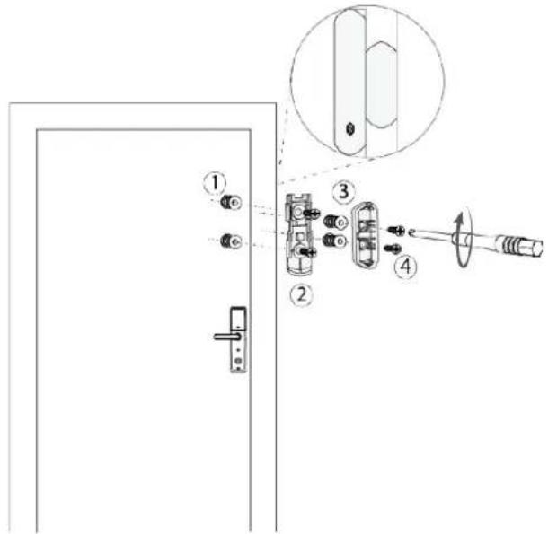 Diagram of a door lock assembly with numbered components and a magnified inset showing the close-up detail.