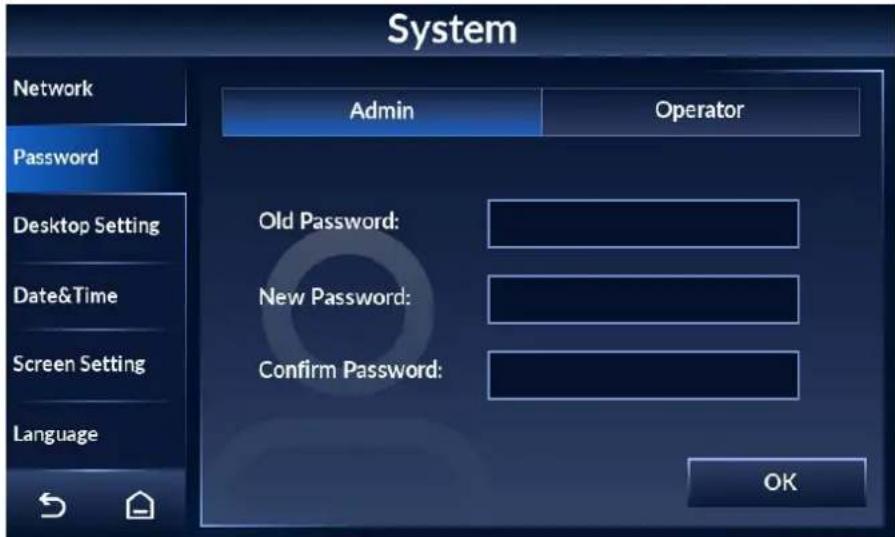 System Network Password Desktop Setting Date&Time Screen Setting Language Admin Operator Old Password: New Password: Confirm Password: OK
