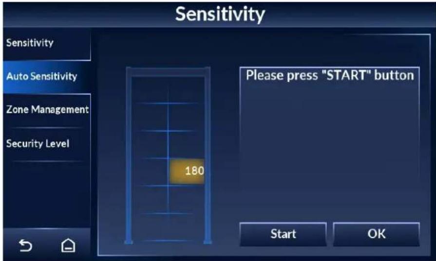 Sensitivity Sensitivity Auto Sensitivity Zone Management Security Level 180 Please press "START" button Start OK