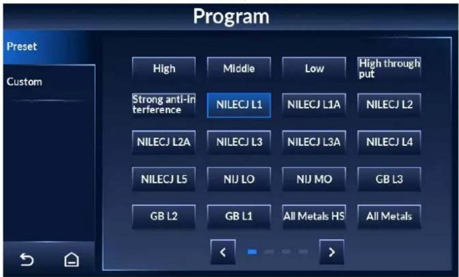 Program Preset Custom High Middle Low High through put Strong anti-in terference NILECJ L1 NILECJ L1A NILECJ L2 NILECJ L2A NILECJ L3 NILECJ L3A NILECJ L4 NILECJ L5 NIJ LO NIJ MO GB L3 GB L2 GB L1 All Metals HS All Metals