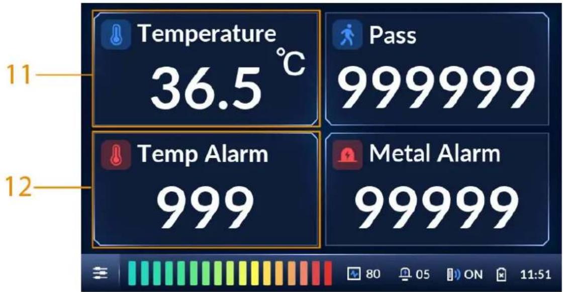 Temperature 36.5 °C 11 Pass 999999 Temp Alarm 999 12 Metal Alarm 99999