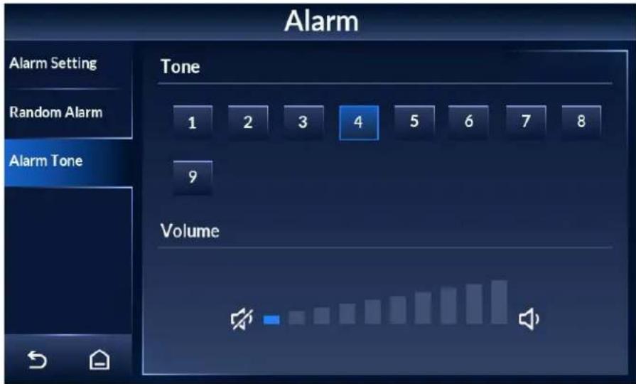 Alarm Alarm Setting Random Alarm Alarm Tone Tone 1 2 3 4 5 6 7 8 9 Volume