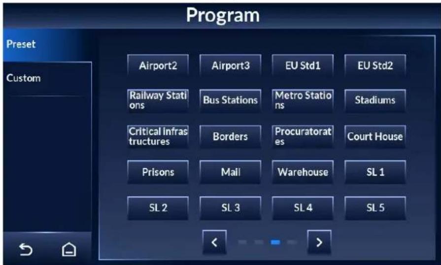 Program Preset Custom Airport2 Airport3 EU Std1 EU Std2 Railway Stati ons Bus Stations Metro Stati ons Stadiums Critical infras tructures Borders Procuratorat es Court House Prisons Mail Warehouse SL 1 SL 2 SL 3 SL 4 SL 5 < - - - >