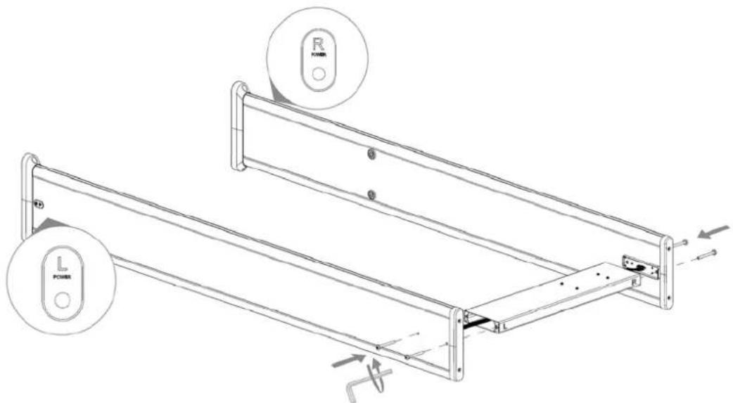 Technical diagram of a metal frame assembly with labeled components and directional arrows indicating movement or force.