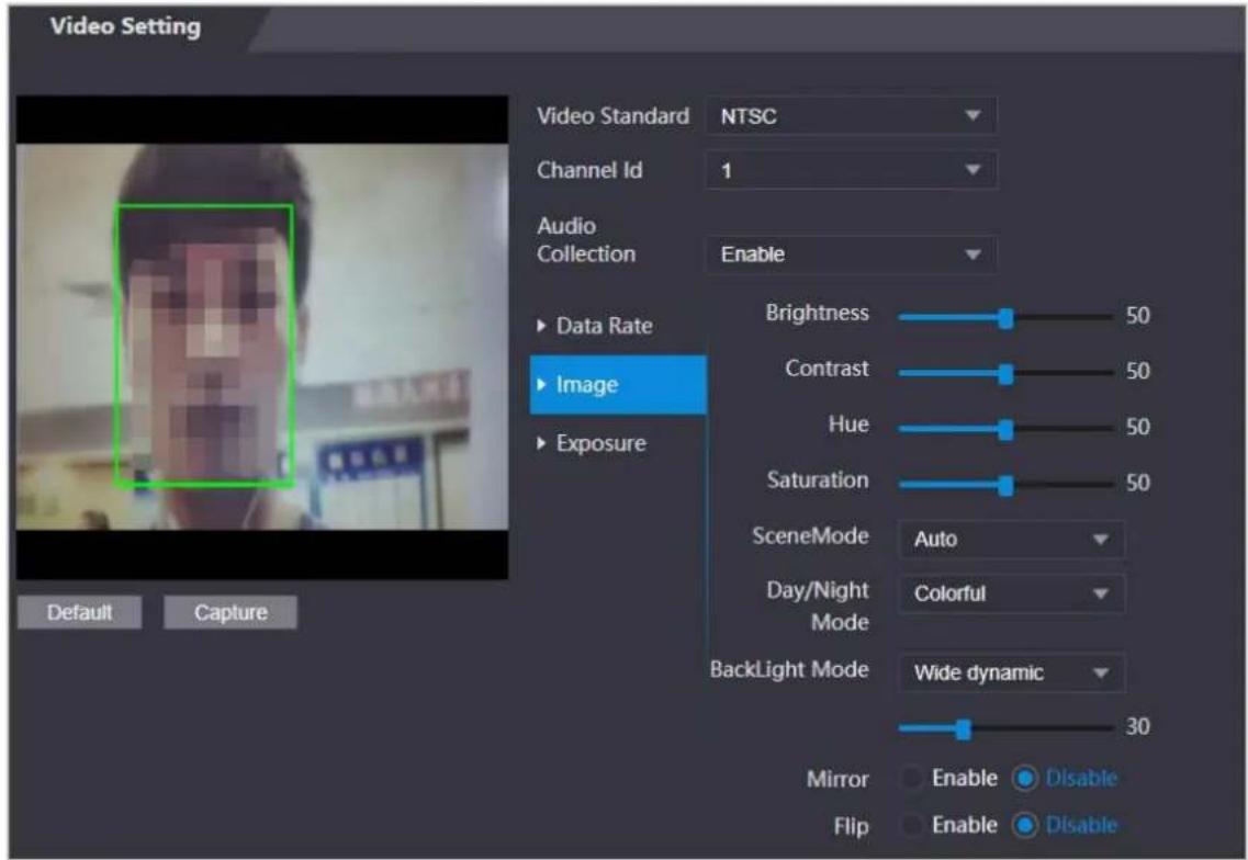 Video Setting Video Standard NTSC Channel Id 1 Audio Collection Enable ► Data Rate ► Image ► Exposure Default Capture Brightness 50 Contrast 50 Hue 50 Saturation 50 SceneMode Auto Day/Night Colorful Mode BackLight Mode Wide dynamic 30 Mirror Enable Disable Flip Enable Disable