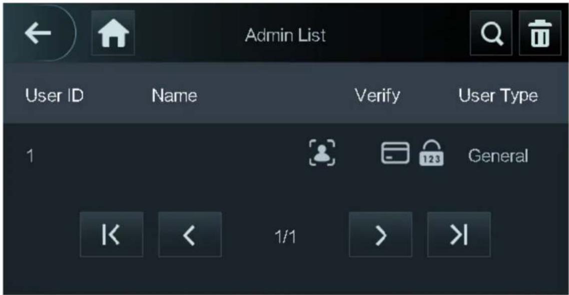 Admin List User ID Name Verify User Type 1 General K < 1/1 > >I