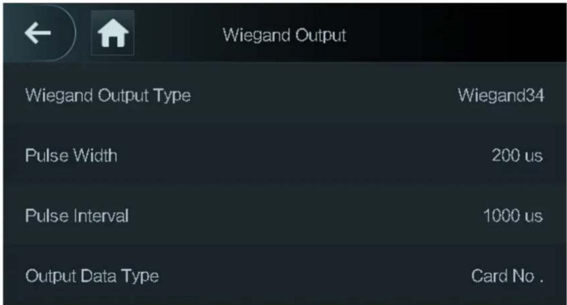 Wiegand Output Wiegand Output Type Wiegand34 Pulse Width 200 us Pulse Interval 1000 us Output Data Type Card No.