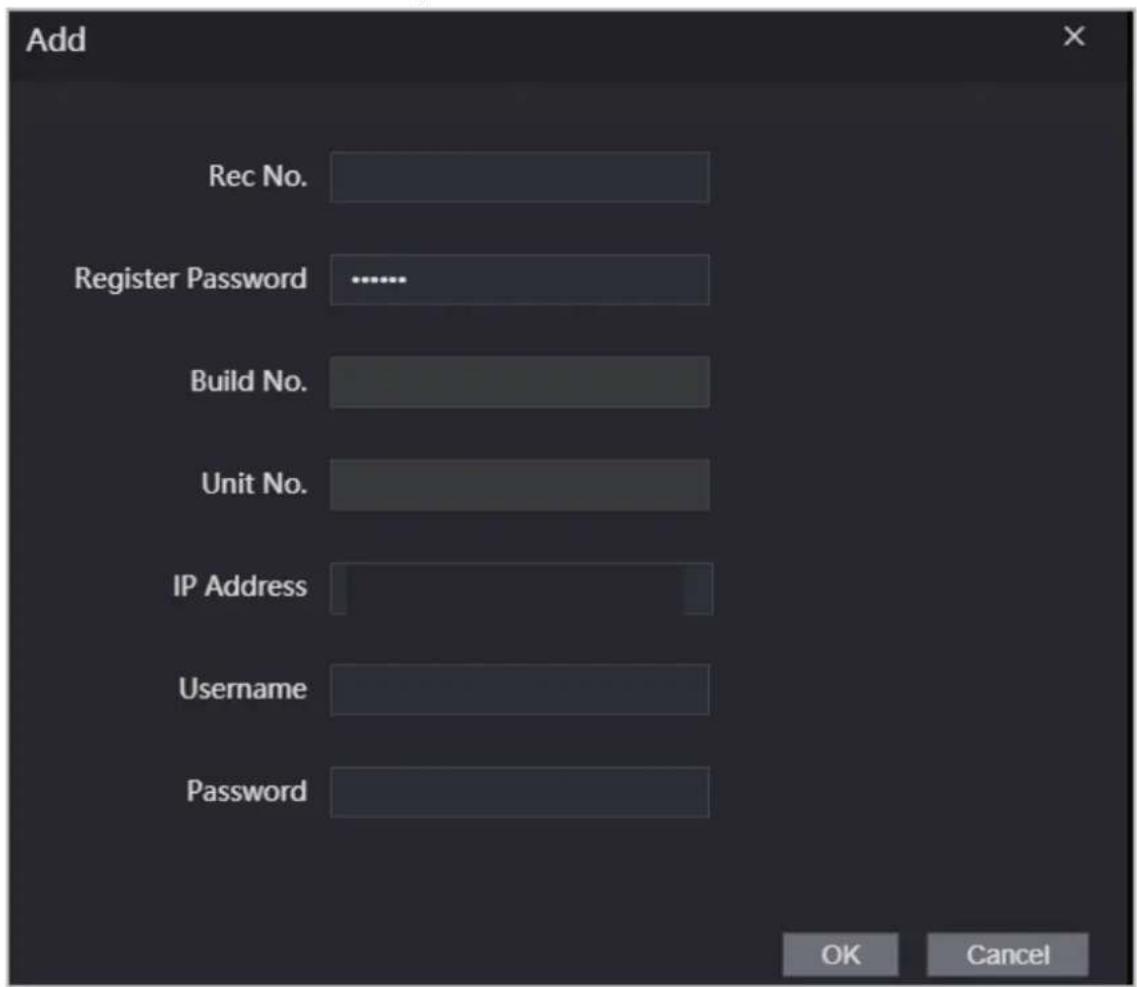 Add Rec No. Register Password ...... Build No. Unit No. IP Address Username Password OK Cancel