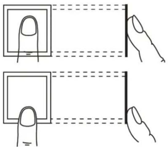 Diagram illustrating finger positioning and alignment of a rectangular object, showing top-down and side-up views with dashed lines indicating measurement or alignment.