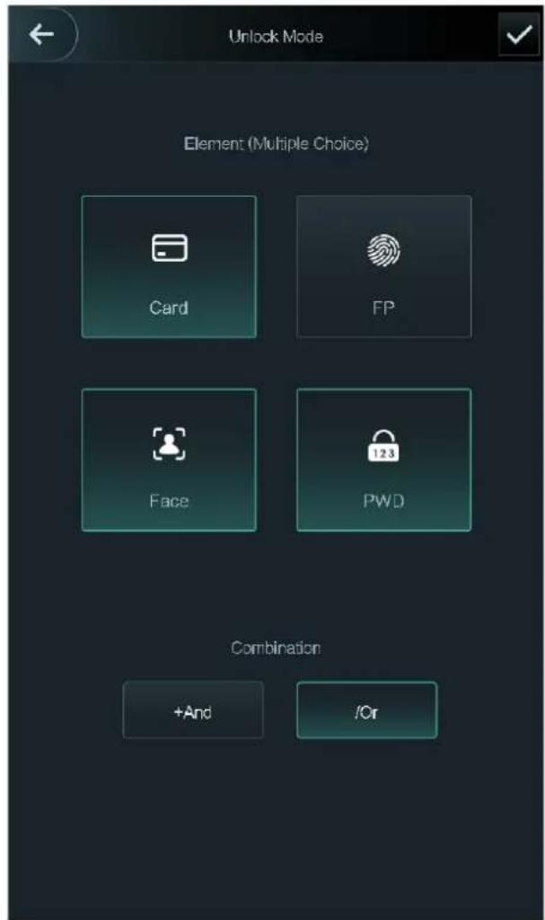 Unlock Mode Element (Multiple Choice) Card FP Face 123 PWD Combination +And /Or
