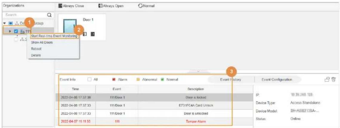 Organizations Always Close Always Open Normal Search 1 Group Start Real-time Event Monitoring Show All Doors Reboot Details Door 1 2 Event Info All Alarm Abnormal Normal Event History Event Configuration Time Event Description 2022-04-08 17:37:36 111/Door 1 Door is locked 2022-04-08 17:37:33 111/Door 1 E731FC4A Card Unlock 2022-04-08 17:37:33 111/Door 1 Door is unlocked 2022-04-07 11:11:50 111 Tamper Alarm