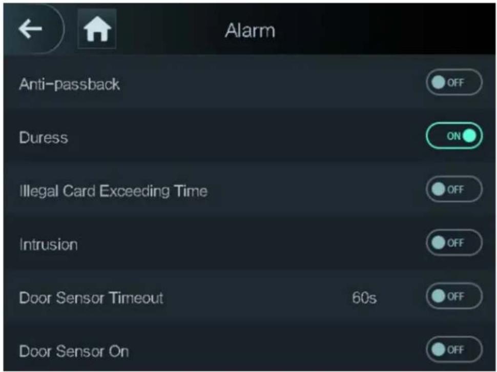 Alarm Anti-passback OFF Duress ON Illegal Card Exceeding Time OFF Intrusion OFF Door Sensor Timeout 60s OFF Door Sensor On OFF