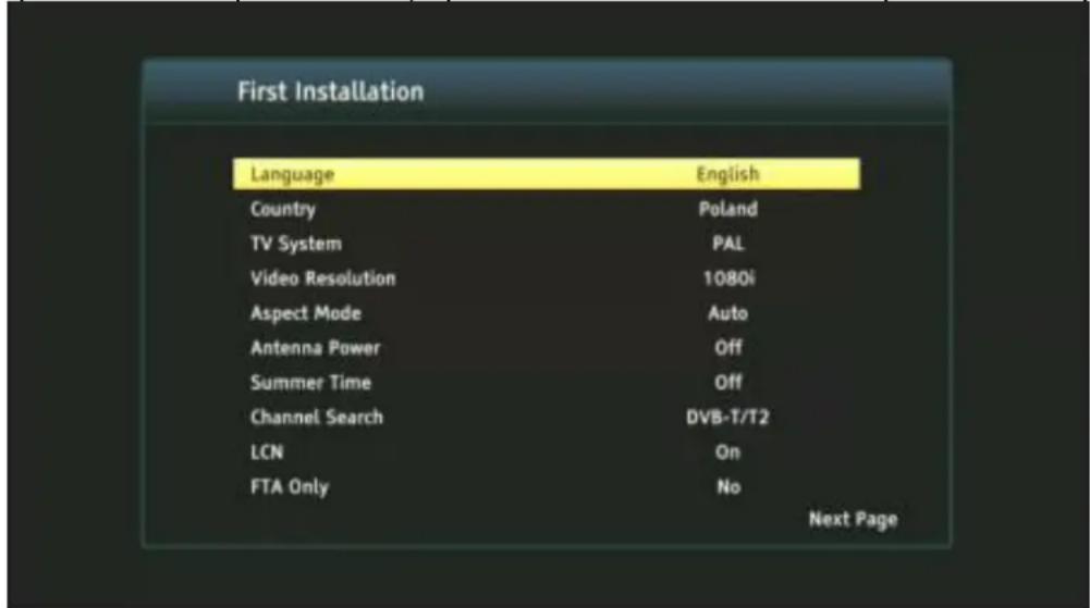 First Installation Language English Country Poland TV System PAL Video Resolution 1080i Aspect Mode Auto Antenna Power Off Summer Time Off Channel Search DVB-T/T2 LCN On FTA Only No Next Page