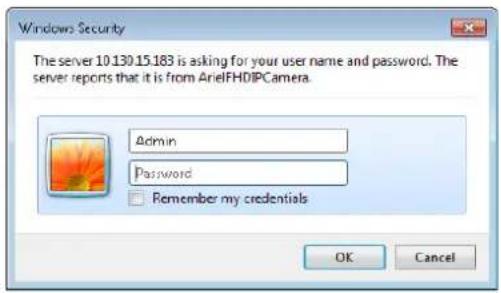 Windows Security The server 10.130.15.183 is asking for your user name and password. The server reports that it is from ArielFHDIPCamera. Admin Password Remember my credentials OK Cancel