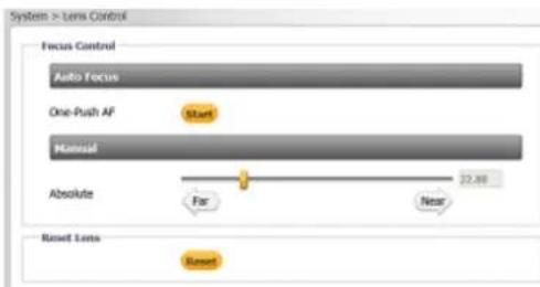 System > Lens Control Focus Control Auto Focus One-Push AF Start Manual Absolute Far Near Reset Lens Reset