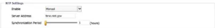 NTP Settings Enable Manual Server Address time.net.gov Synchronization Period 1 (hours)