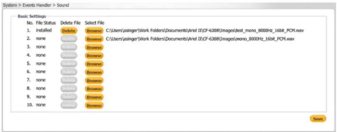 System > Events Handler > Sound Basic Settings No. File Status Delete File Select File 1. installed Delete Browse C:\Users\singer\Work Folders\Documents\Ariel II\CF-6308\Images\test_mono_8000Hz_16bit_PCM.wav 2. none Delete Browse C:\Users\singer\Work Folders\Documents\Ariel II\CF-6308\Images\mono_80…