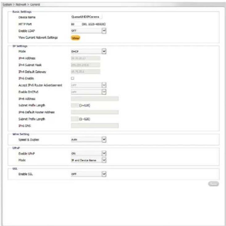 System > Network > General Basic Settings Device Name QunetUIDIPCamera HTTP Port 80 (80, 1028-45533) Enable LDAP OFF View Current Network Settings View IP Settings Mode DHCP IPv4 Address DHCP-DHP IPv4 Subnet Mask DHCP-DHP-DHP IPv4 Default Gateway DHCP-DHP IPv6 Enable Accept IPv6 Router Advertisement…