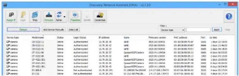 Discovery Network Assistant (DNA) - v2.1.2.0 File Edit View Tools Admin Properties Identify Destination Device type Model name Status Login Date IP address Name Format version MAC address Print up time Camera CR-5222-13 Online Authenticated 16.76.26.28 HDD D20140309X3 03:08:08:09:20:47 6666 1 days 2…
