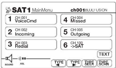 SAT1MainMenu ch001BLUEFUSION 1 CH 001 VoiceCmd 4 CH 004 Missed 2 CH 002 Incoming 5 CH 005 Outgoing 3 CH 003 Redial 6 CH 100 ->SAT TEXT TYPE TYPE TYPE SEER TYPE SCAN SOUND ASL