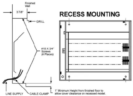 Finished Wall 3 7/8" GRILL #10 X 3/4" Screws (4 Places) LINE SUPPLY CABLE CLAMP RECESS MOUNTING 1" Minimum Height from finished floor to allow cover clearance on recessed model.