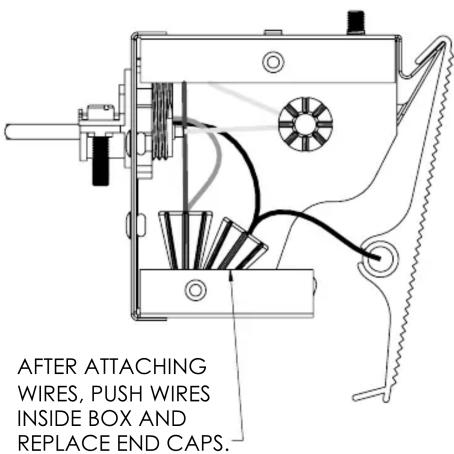 AFTER ATTACHING WIRES, PUSH WIRES INSIDE BOX AND REPLACE END CAPS.