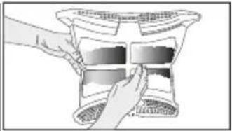 Illustration of hands placing a rectangular object into a container (no text or symbols visible)