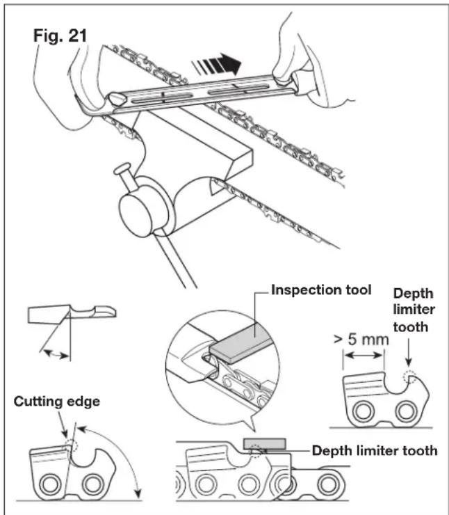 Fig. 21 Inspection tool Depth limiter tooth > 5 mm Cutting edge Depth limiter tooth