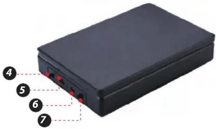Diagram of a black electronic device with seven numbered labeled ports or connectors, likely for identification.