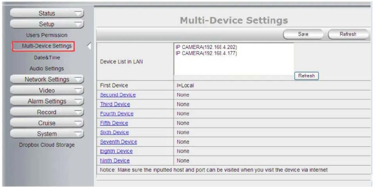 Multi-Device Settings Status Setup Users Permission Multi-Device Settings Date&Time Audio Settings Network Settings Video Alarm Settings Record Cruise System Dropbox Cloud Storage Multi-Device Settings Save Refresh Device List in LAN IP CAMERA(192.168.4.202) IP CAMERA(192.168.4.177) Refresh First Device I=Local Second Device None Third Device None Fourth Device None Fifth Device None Sixth Device None Seventh Device None Eighth Device None Ninth Device None Notice: Make sure the inputted host and port can be visited when you visit the device via internet