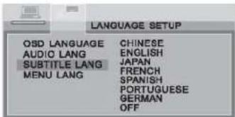 LANGUAGE SETUP OSD LANGUAGE CHINESE AUDIO LANG ENGLISH SUBTITLE LANG JAPAN MENU LANG FRENCH SPANISH PORTUGUESE GERMAN OFF