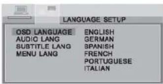 LANGUAGE SETUP OSD LANGUAGE ENGLISH AUDIO LANG GERMAN SUBTITLE LANG SPANISH MENU LANG FRENCH PORTUGUESE ITALIAN