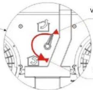 Technical diagram showing mechanical components with red arrows indicating motion or force directions, labeled with symbols like 'V' and directional arrows.