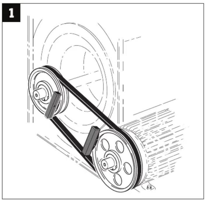 Mechanical diagram showing a pulley system with rotating wheels and a connecting rod (no text or symbols)