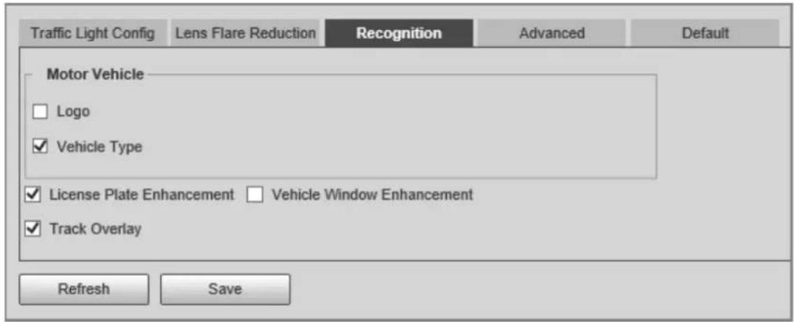 Traffic Light Config Lens Flare Reduction Recognition Advanced Default Motor Vehicle Logo Vehicle Type License Plate Enhancement Vehicle Window Enhancement Track Overlay Refresh Save