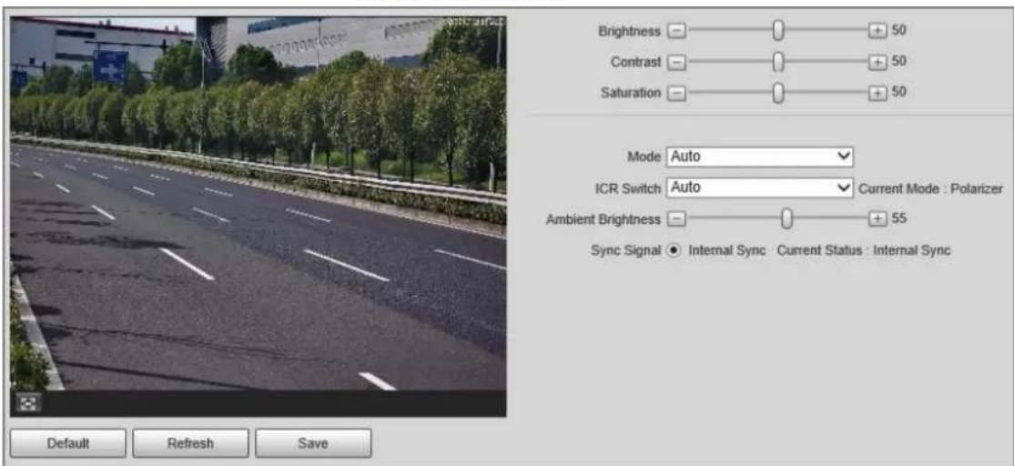 Brightness Contrast Saturation Mode Auto ICR Switch Auto Current Mode : Polarizer Ambient Brightness Sync Signal ● Internal Sync Current Status : Internal Sync Default Refresh Save
