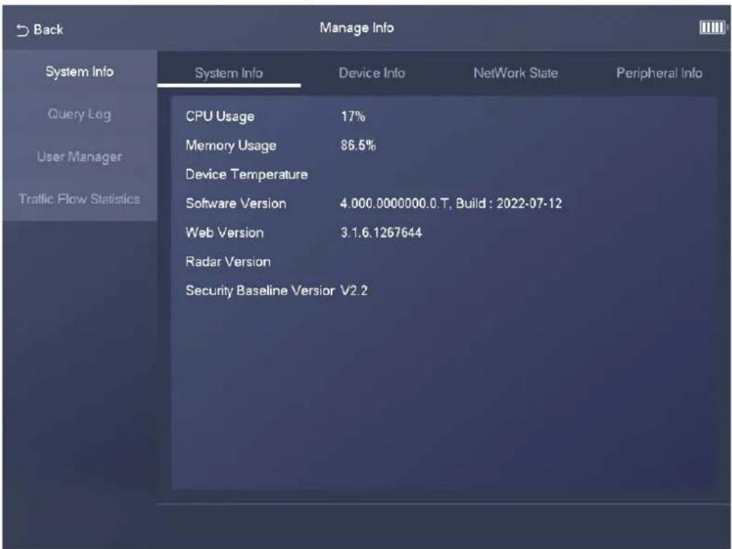 Back Manage Info System Info Device Info Network State Peripheral Info CPU Usage 17% Memory Usage 86.5% Device Temperature Software Version 4.000.0000000.0.T, Build : 2022-07-12 Web Version 3.1.6.1267644 Radar Version Security Baseline Version V2.2
