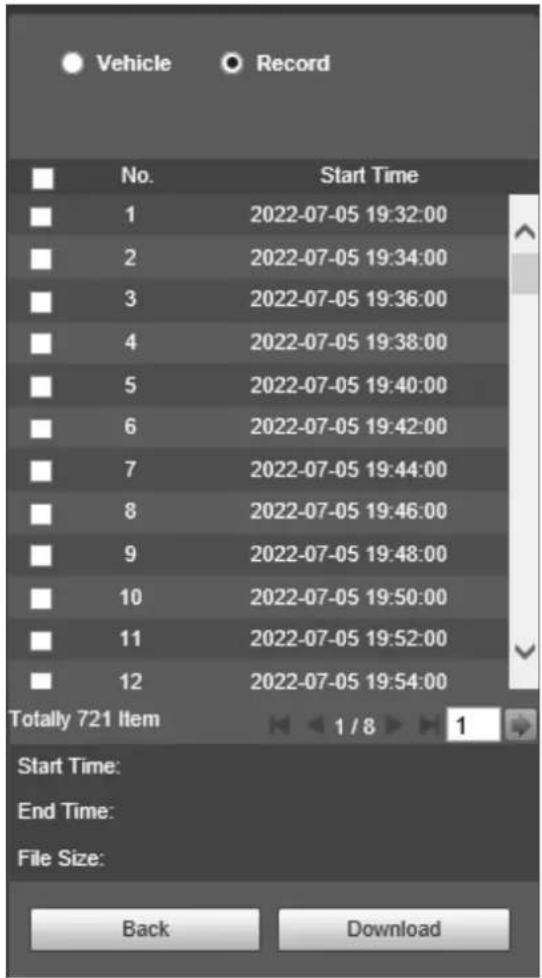 Vehicle Record No. Start Time 1 2022-07-05 19:32:00 2 2022-07-05 19:34:00 3 2022-07-05 19:36:00 4 2022-07-05 19:38:00 5 2022-07-05 19:40:00 6 2022-07-05 19:42:00 7 2022-07-05 19:44:00 8 2022-07-05 19:46:00 9 2022-07-05 19:48:00 10 2022-07-05 19:50:00 11 2022-07-05 19:52:00 12 2022-07-05 19:54:00 Totally 721 Item 1 / 8 1 Start Time: End Time: File Size: Back Download