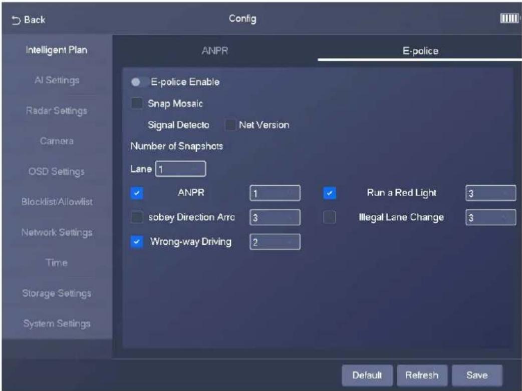 Back Config Intelligent Plan AI Settings Radar Settings Camera OSD Settings Blocklist/Allowlist Network Settings Time Storage Settings System Settings ANPR E-police Enable Snap Mosaic Signal Detecto Net Version Number of Snapshots Lane 1 ✓ ANPR 1 ✓ Run a Red Light 3 ✓ sobey Direction Arrow 3 ✓ Illegal Lane Change 3 ✓ Wrong-way Driving 2 Default Refresh Save