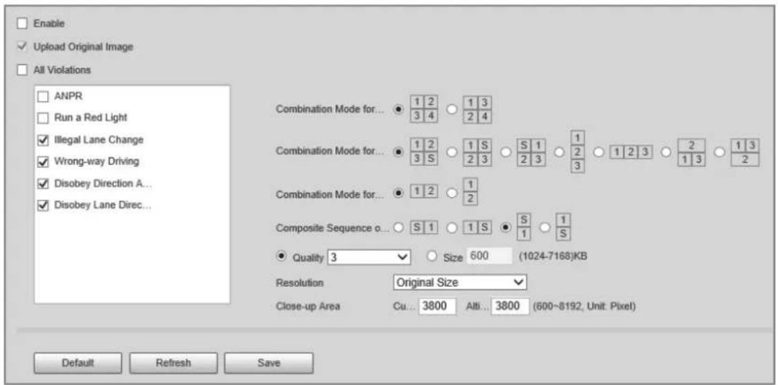 Enable Upload Original Image All Violations ANPR Run a Red Light Illegal Lane Change Wrong-way Driving Disobey Direction A... Disobey Lane Direc... Combination Mode for... 1 2 1 3 3 4 2 4 Combination Mode for... 1 2 1 S 1 1 3 S 2 3 2 3 2 1 2 3 1 3 3 Combination Mode for... 1 2 1 2 Composite Sequence o... S 1 1 S 1 1 1 S Quality 3 Size 600 (1024-7168)KB Resolution Original Size Close-up Area Cu... 3800 Alti... 3800 (600~8192, Unit: Pixel) Default Refresh Save