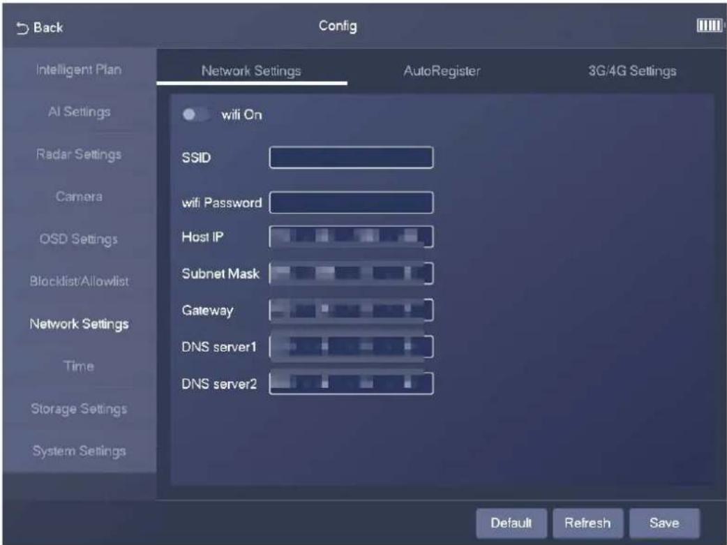 Back Config Intelligent Plan AI Settings Radar Settings Camera OSD Settings Blocklist/Allowlist Network Settings Time Storage Settings System Settings Network Settings AutoRegister 3G/4G Settings wifi On SSID wifi Password Host IP Subnet Mask Gateway DNS server1 DNS server2 Default Refresh Save