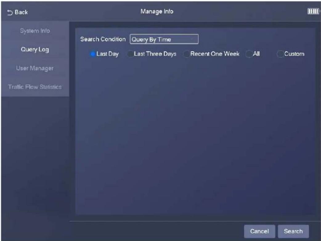 Back Manage Info System Info Query Log User Manager Traffic Flow Statistics Search Condition Query By Time Last Day Last Three Days Recent One Week All Custom Cancel Search
