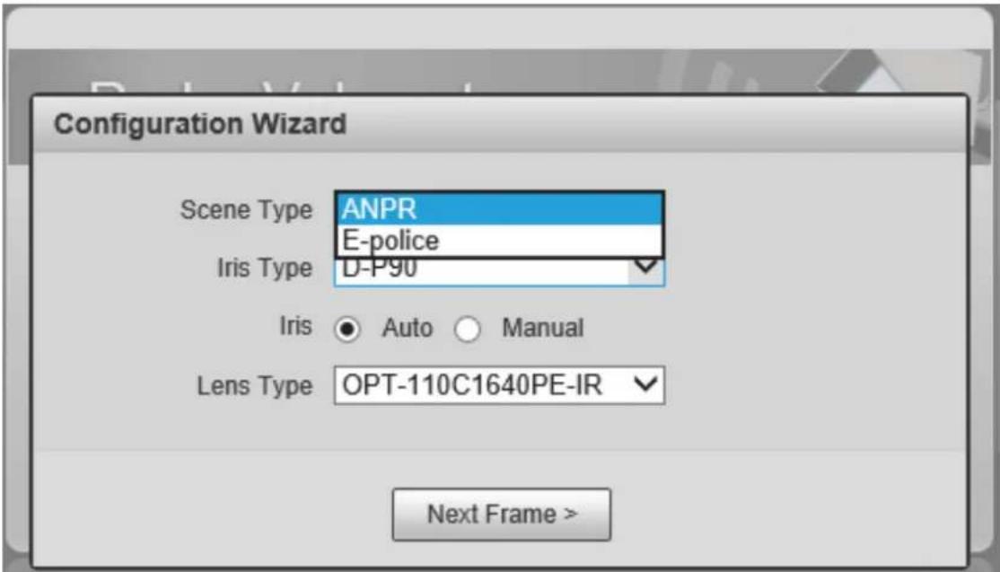 Configuration Wizard Scene Type ANPR E-police Iris Type D-P90 Iris ● Auto ○ Manual Lens Type OPT-110C1640PE-IR Next Frame >