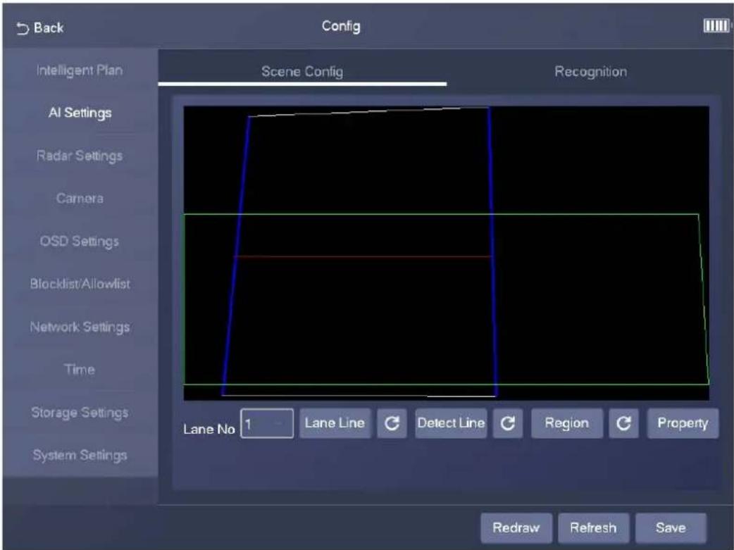 Back Config Intelligent Plan AI Settings Radar Settings Camera OSD Settings Blocklist/Allowlist Network Settings Time Storage Settings System Settings Scene Config Recognition Lane No 1 Lane Line Detect Line Region Property Redraw Refresh Save