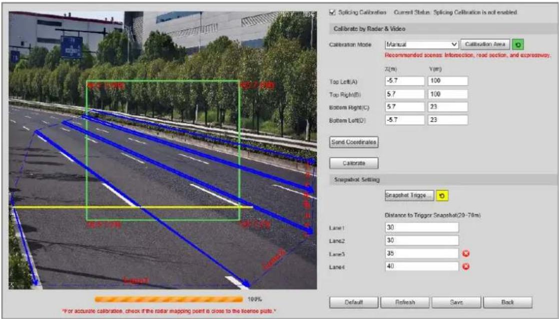 Splicing Calibration Current Status: Splicing Calibration is not enabled Calibrate by Radar & Video Calibration Mode Manual Calibration Area Recommended scenes: Intersection, road section, and expressway, X(m) Y(m) Top Left(A) -5.7 100 Top Right(B) 5.7 100 Bottom Right(C) 5.7 23 Bottom Left(D) -5.7 23 Send Coordinates Calibrate Snapshot Setting Snapshot Trigger... Distance to Trigger Snapshot(20-78m) Lane1 30 Lane2 30 Lane3 35 Lane4 40 Default Refresh Savs Back *For accurate calibration, check if the radar mapping point is close to the licence plots.* For accurate calibration, check if the radar mapping point is close to the licence plots.*