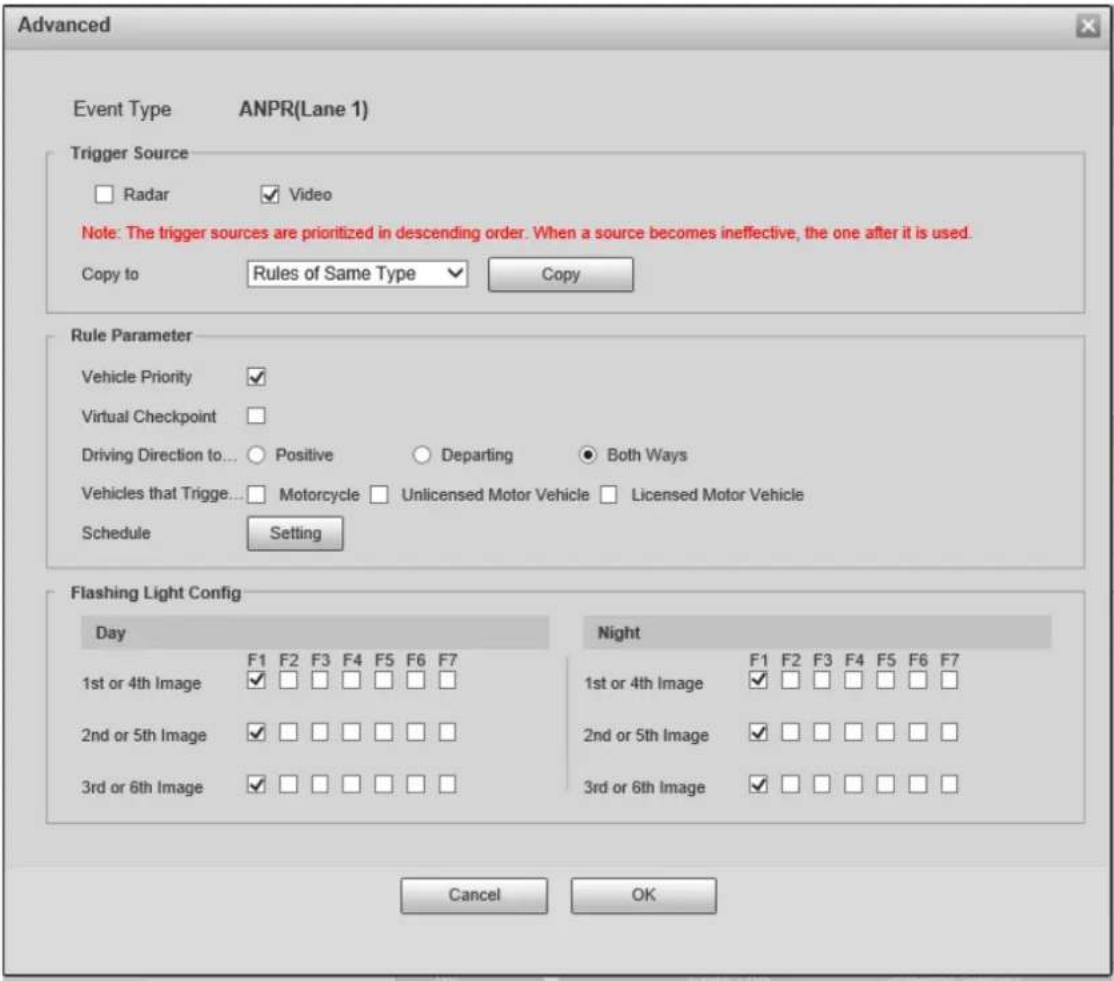 Advanced Event Type ANPR(Lane 1) Trigger Source □ Radar ✓ Video Note: The trigger sources are prioritized in descending order. When a source becomes ineffective, the one after it is used. Copy to Rules of Same Type ✓ Copy Rule Parameter Vehicle Priority ✓ Virtual Checkpoint Driving Direction to... ○ Positive ○ Departing ● Both Ways Vehicles that Trigger... □ Motorcycle □ Unlicensed Motor Vehicle □ Licensed Motor Vehicle Schedule Setting Flashing Light Config Day Night F1 F2 F3 F4 F5 F6 F7 1st or 4th Image (F1 F2 F3 F4 F5 F6 F7 2nd or 5th Image (F1 (F2 F3 F4 F5 F6 F7 3rd or 6th Image (F1 (F2 F3 F4 F5 F6 F7 Cancel OK